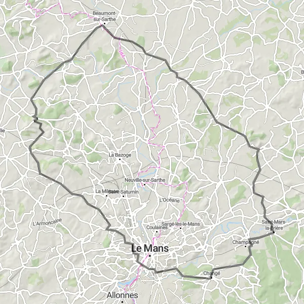 Map miniature of "Scenic Road Cycling Loop from Saint-Mars-la-Brière" cycling inspiration in Pays de la Loire, France. Generated by Tarmacs.app cycling route planner