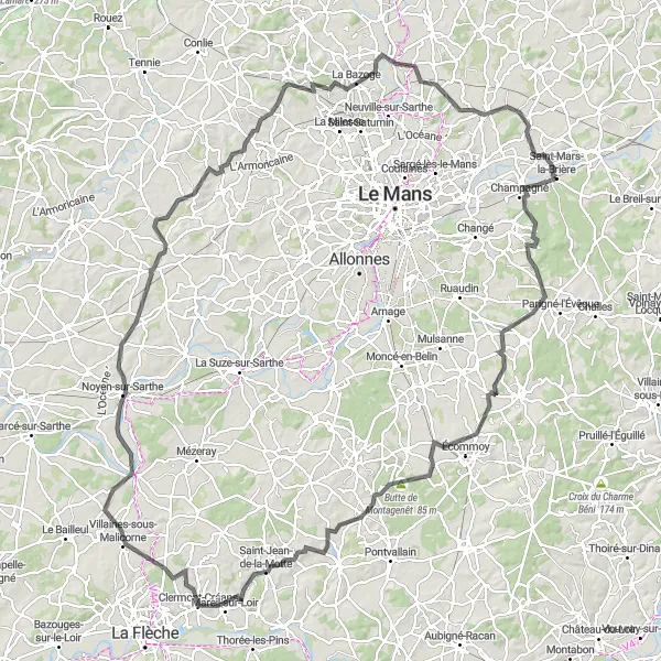 Map miniature of "Challenging Road Cycling Tour from Saint-Mars-la-Brière" cycling inspiration in Pays de la Loire, France. Generated by Tarmacs.app cycling route planner