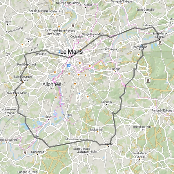Map miniature of "The Champagné Loop" cycling inspiration in Pays de la Loire, France. Generated by Tarmacs.app cycling route planner