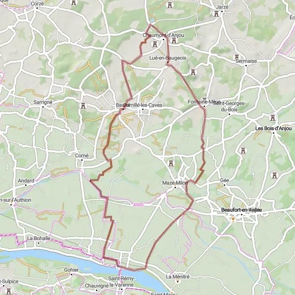 Miniature de la carte de l'inspiration cycliste "Lué-en-Baugeois et Bauné" dans la Pays de la Loire, France. Générée par le planificateur d'itinéraire cycliste Tarmacs.app