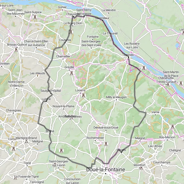 Miniature de la carte de l'inspiration cycliste "Circuit autour de Saint-Rémy-la-Varenne" dans la Pays de la Loire, France. Générée par le planificateur d'itinéraire cycliste Tarmacs.app