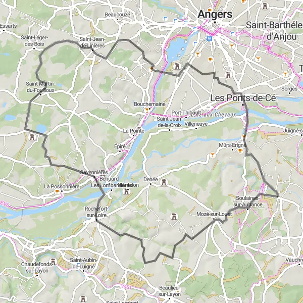 Miniature de la carte de l'inspiration cycliste "Les vignobles de l'Anjou" dans la Pays de la Loire, France. Générée par le planificateur d'itinéraire cycliste Tarmacs.app