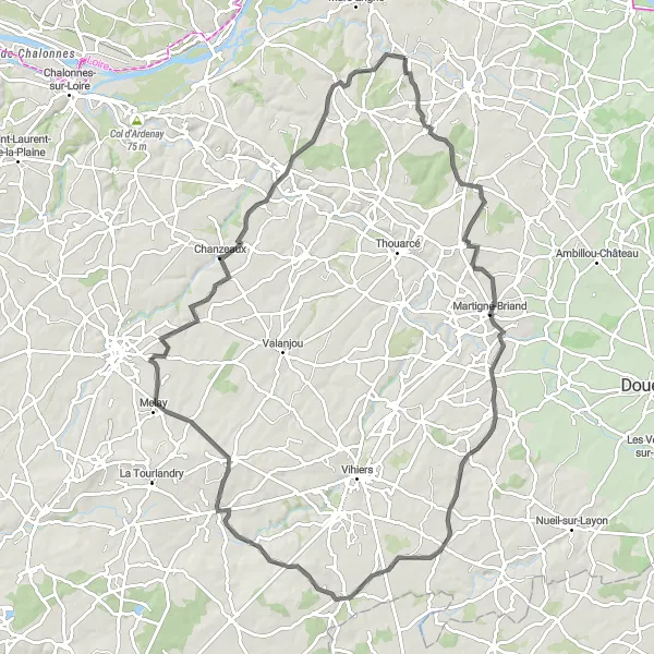 Map miniature of "Notre-Dame-d'Allençon and Soulaines-sur-Aubance Road Cycling" cycling inspiration in Pays de la Loire, France. Generated by Tarmacs.app cycling route planner