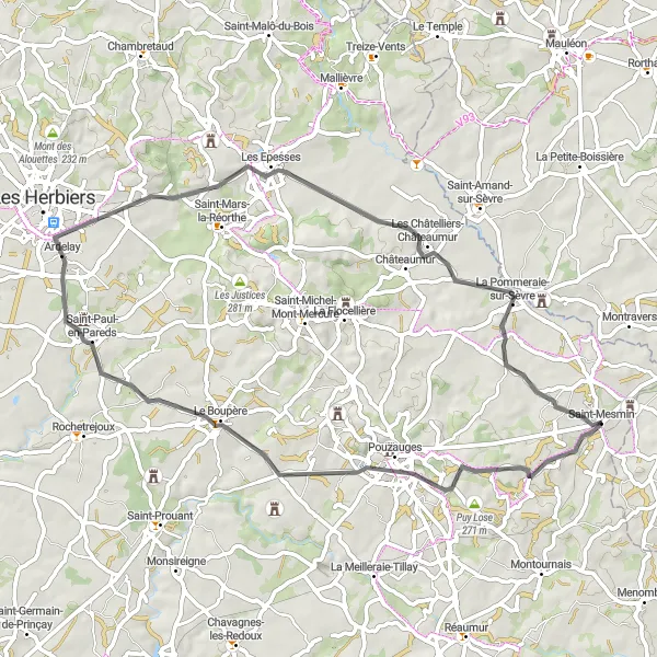 Miniature de la carte de l'inspiration cycliste "Les Chateaux de Vendée" dans la Pays de la Loire, France. Générée par le planificateur d'itinéraire cycliste Tarmacs.app