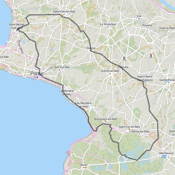Miniature de la carte de l'inspiration cycliste "Les Trésors de la Côte de Retz" dans la Pays de la Loire, France. Générée par le planificateur d'itinéraire cycliste Tarmacs.app