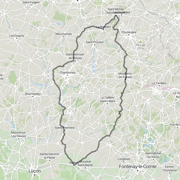 Map miniature of "The Beauty of Sainte-Hermine" cycling inspiration in Pays de la Loire, France. Generated by Tarmacs.app cycling route planner