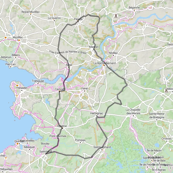 Miniature de la carte de l'inspiration cycliste "Route du Château de Ranrouët" dans la Pays de la Loire, France. Générée par le planificateur d'itinéraire cycliste Tarmacs.app