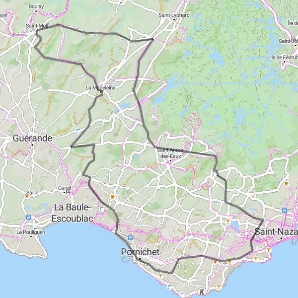 Map miniature of "Explore the Marshlands and Coastal Gems" cycling inspiration in Pays de la Loire, France. Generated by Tarmacs.app cycling route planner