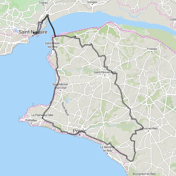 Miniature de la carte de l'inspiration cycliste "L'aventure côtière" dans la Pays de la Loire, France. Générée par le planificateur d'itinéraire cycliste Tarmacs.app