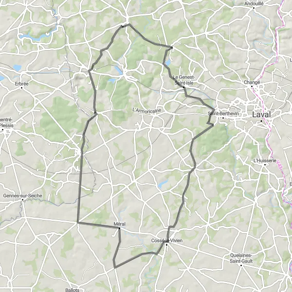 Map miniature of "Round Trip from Saint-Ouën-des-Toits: Charming Countryside Ride" cycling inspiration in Pays de la Loire, France. Generated by Tarmacs.app cycling route planner