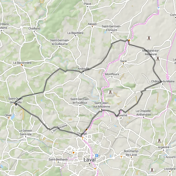 Map miniature of "Mayenne Loop" cycling inspiration in Pays de la Loire, France. Generated by Tarmacs.app cycling route planner