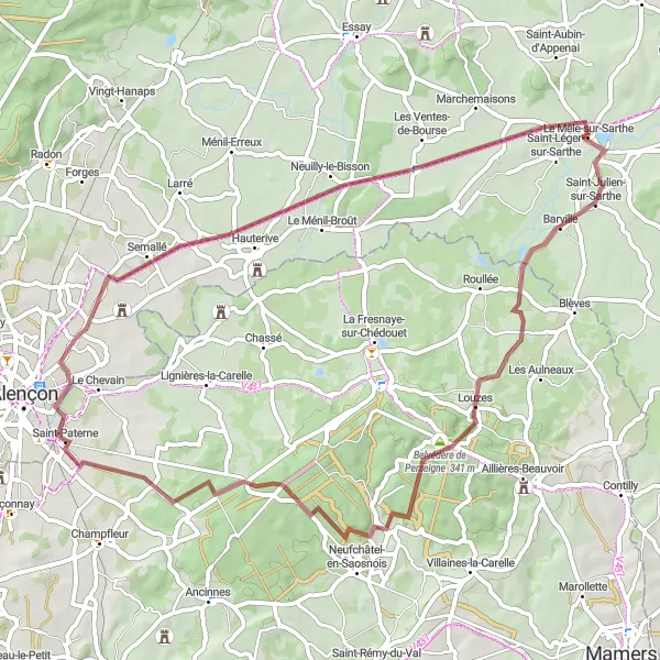 Miniature de la carte de l'inspiration cycliste "Off-the-Beaten-Path Gravel Trail" dans la Pays de la Loire, France. Générée par le planificateur d'itinéraire cycliste Tarmacs.app