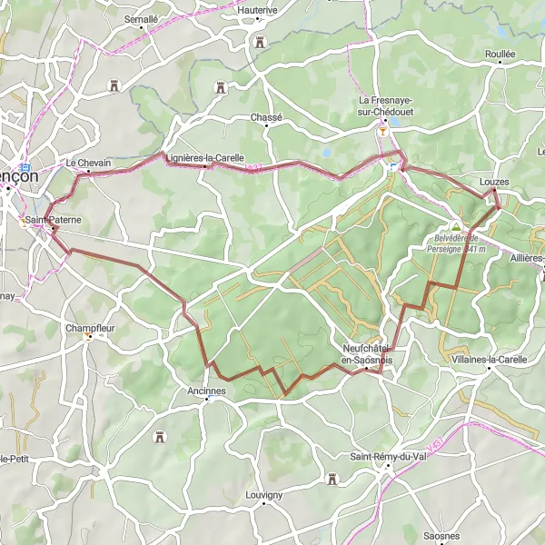 Map miniature of "The Perseigne Forest Gravel Adventure" cycling inspiration in Pays de la Loire, France. Generated by Tarmacs.app cycling route planner