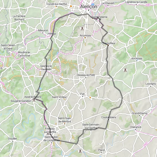 Map miniature of "Countryside Tour in Fresnay-sur-Sarthe" cycling inspiration in Pays de la Loire, France. Generated by Tarmacs.app cycling route planner