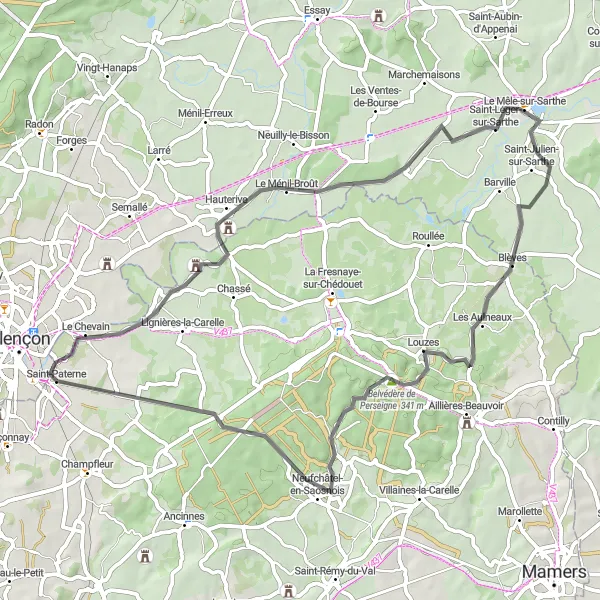 Map miniature of "The Ménil-Broût Circuit" cycling inspiration in Pays de la Loire, France. Generated by Tarmacs.app cycling route planner