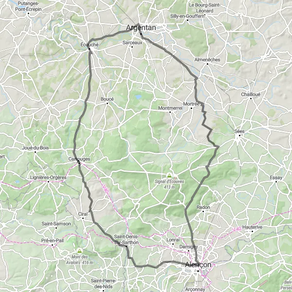 Map miniature of "The Perche Gems" cycling inspiration in Pays de la Loire, France. Generated by Tarmacs.app cycling route planner