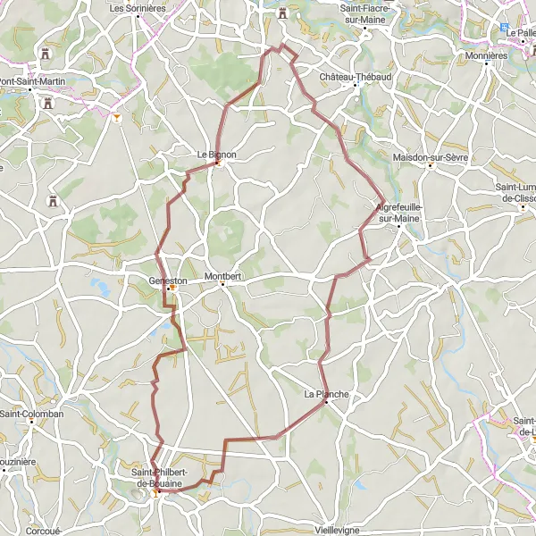 Miniature de la carte de l'inspiration cycliste "Boucle des Paysages Nantais" dans la Pays de la Loire, France. Générée par le planificateur d'itinéraire cycliste Tarmacs.app