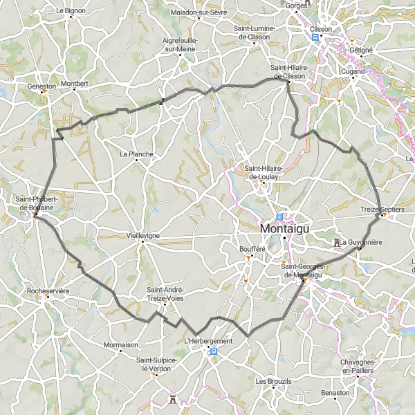 Map miniature of "The Clisson Circuit" cycling inspiration in Pays de la Loire, France. Generated by Tarmacs.app cycling route planner