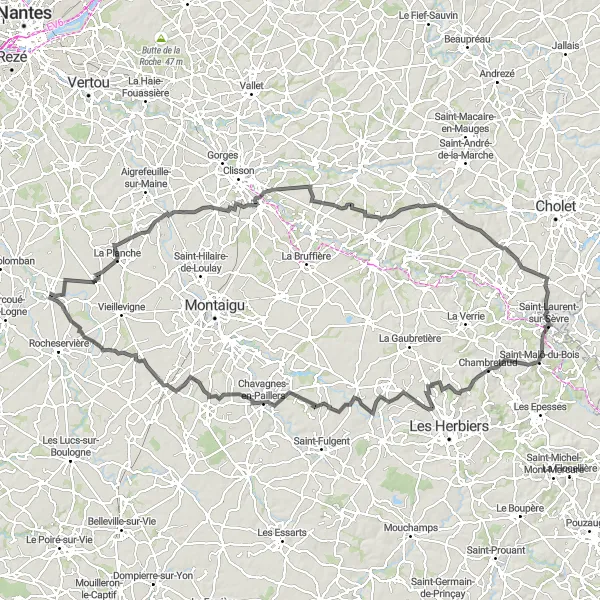 Map miniature of "Puy-Saint-Bonnet Loop" cycling inspiration in Pays de la Loire, France. Generated by Tarmacs.app cycling route planner