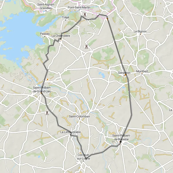 Map miniature of "Grand-Lieu Lake Circuit" cycling inspiration in Pays de la Loire, France. Generated by Tarmacs.app cycling route planner