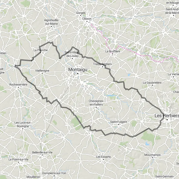 Map miniature of "Beaurepaire Loop" cycling inspiration in Pays de la Loire, France. Generated by Tarmacs.app cycling route planner