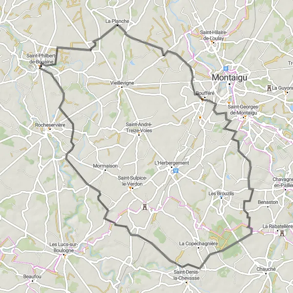 Map miniature of "Tour of the Pays de la Loire Countryside" cycling inspiration in Pays de la Loire, France. Generated by Tarmacs.app cycling route planner