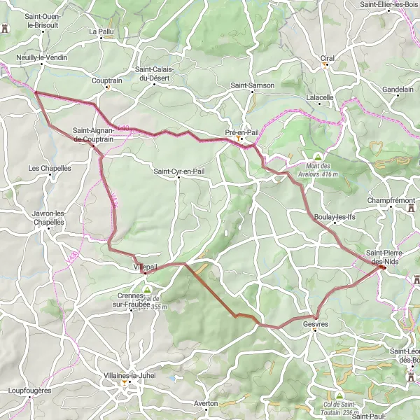 Miniature de la carte de l'inspiration cycliste "Parcours de cyclisme tout terrain près de Saint-Pierre-des-Nids" dans la Pays de la Loire, France. Générée par le planificateur d'itinéraire cycliste Tarmacs.app