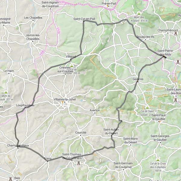 Miniature de la carte de l'inspiration cycliste "Boucle de Loupfougères et Signal de Villepail" dans la Pays de la Loire, France. Générée par le planificateur d'itinéraire cycliste Tarmacs.app