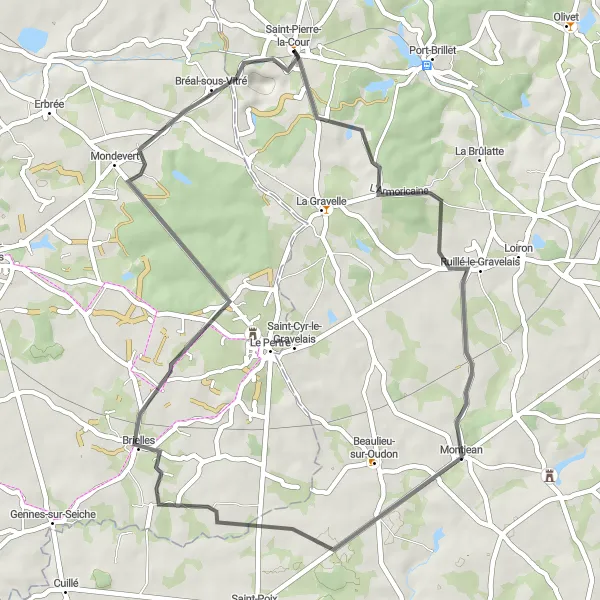 Map miniature of "Ruillé-le-Gravelais Circuit" cycling inspiration in Pays de la Loire, France. Generated by Tarmacs.app cycling route planner