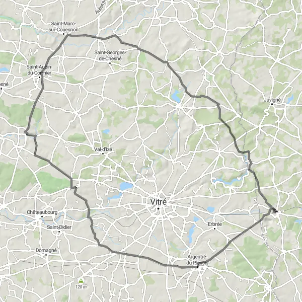 Map miniature of "The Undulating Countryside" cycling inspiration in Pays de la Loire, France. Generated by Tarmacs.app cycling route planner