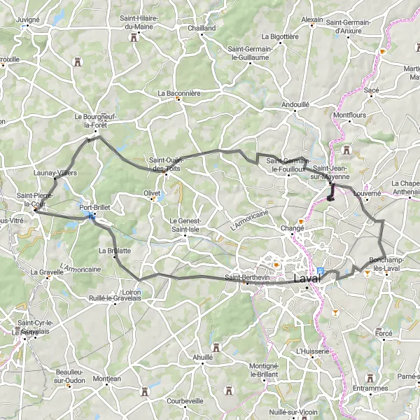 Map miniature of "The Mayenne Adventure" cycling inspiration in Pays de la Loire, France. Generated by Tarmacs.app cycling route planner