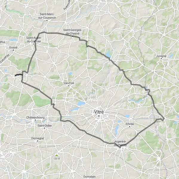 Map miniature of "The Saint-Pierre-la-Cour Loop" cycling inspiration in Pays de la Loire, France. Generated by Tarmacs.app cycling route planner