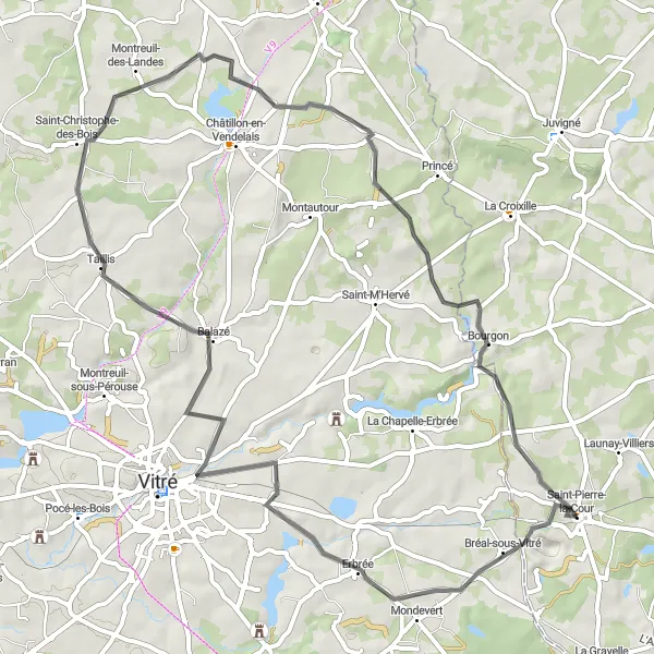 Map miniature of "Road cycling tour to Bourgon" cycling inspiration in Pays de la Loire, France. Generated by Tarmacs.app cycling route planner