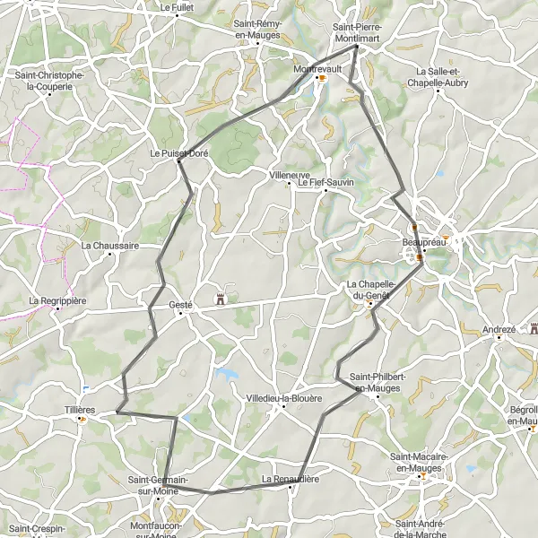 Map miniature of "Scenic Villages and Serene Landscapes" cycling inspiration in Pays de la Loire, France. Generated by Tarmacs.app cycling route planner