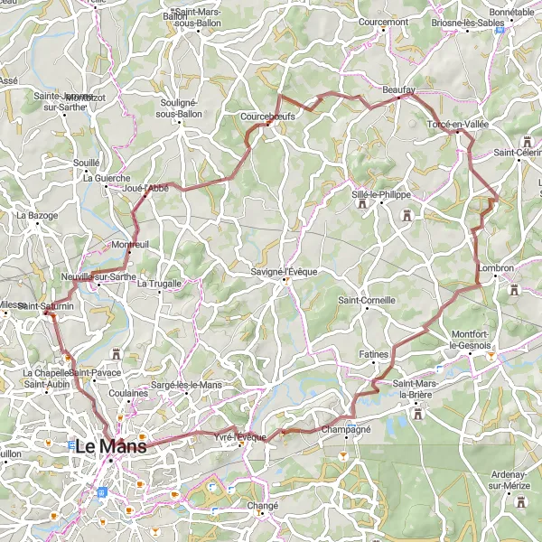 Miniature de la carte de l'inspiration cycliste "La Route des Champs" dans la Pays de la Loire, France. Générée par le planificateur d'itinéraire cycliste Tarmacs.app