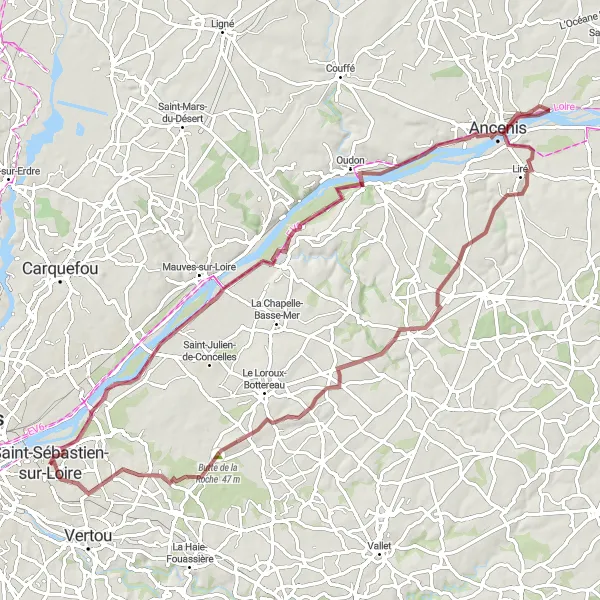 Map miniature of "Gravel Adventure to Ancenis" cycling inspiration in Pays de la Loire, France. Generated by Tarmacs.app cycling route planner
