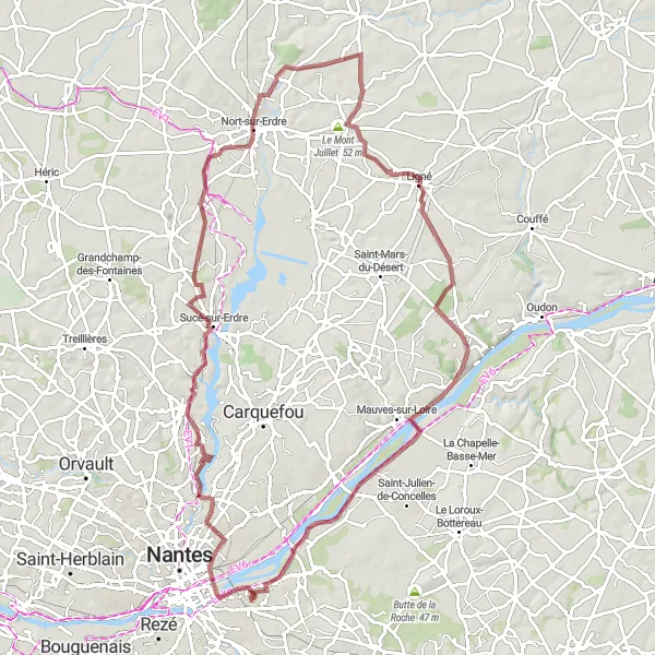 Map miniature of "Gravel Adventure to Le Mont Juillet" cycling inspiration in Pays de la Loire, France. Generated by Tarmacs.app cycling route planner