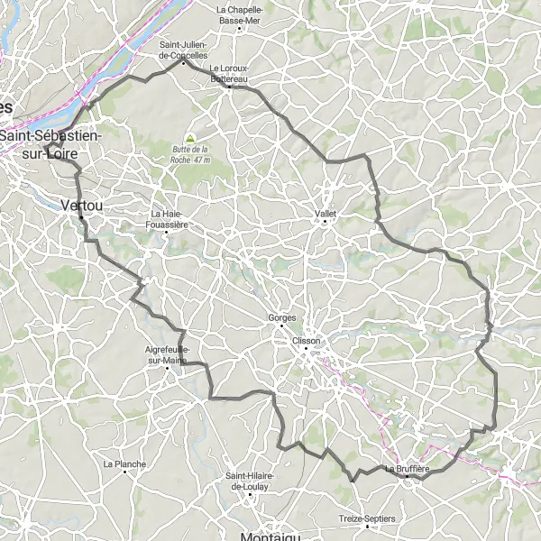 Miniature de la carte de l'inspiration cycliste "Parcours cycliste entre Goulaine et Vertou" dans la Pays de la Loire, France. Générée par le planificateur d'itinéraire cycliste Tarmacs.app