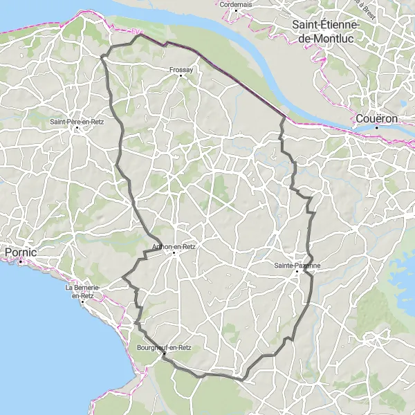Miniature de la carte de l'inspiration cycliste "Parcours à travers la campagne de Retz" dans la Pays de la Loire, France. Générée par le planificateur d'itinéraire cycliste Tarmacs.app