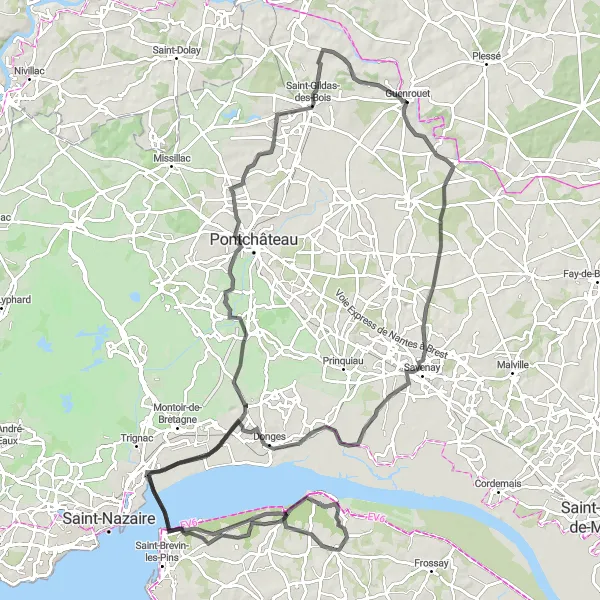 Miniature de la carte de l'inspiration cycliste "Boucle autour de Savenay" dans la Pays de la Loire, France. Générée par le planificateur d'itinéraire cycliste Tarmacs.app