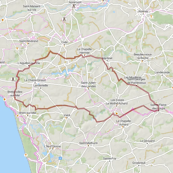 Map miniature of "Coastal Exploration: Gravel Ride to Bretignolles-sur-Mer" cycling inspiration in Pays de la Loire, France. Generated by Tarmacs.app cycling route planner