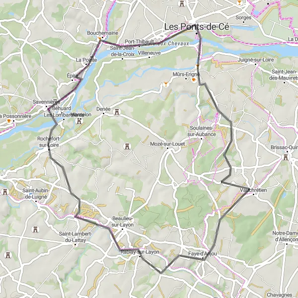 Map miniature of "Boucle des Ponts en Grès" cycling inspiration in Pays de la Loire, France. Generated by Tarmacs.app cycling route planner