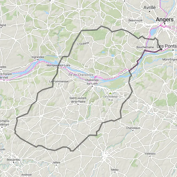 Map miniature of "Loire Valley Cycling Adventure" cycling inspiration in Pays de la Loire, France. Generated by Tarmacs.app cycling route planner