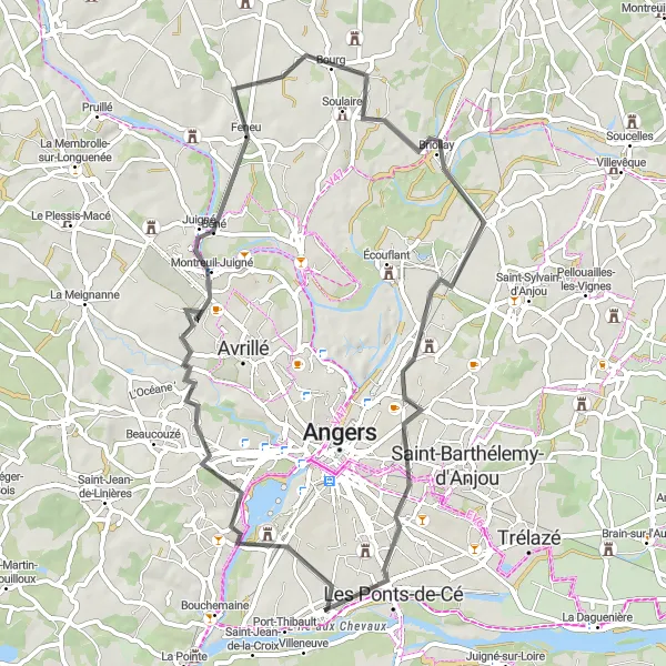 Map miniature of "Charming Villages of Anjou" cycling inspiration in Pays de la Loire, France. Generated by Tarmacs.app cycling route planner