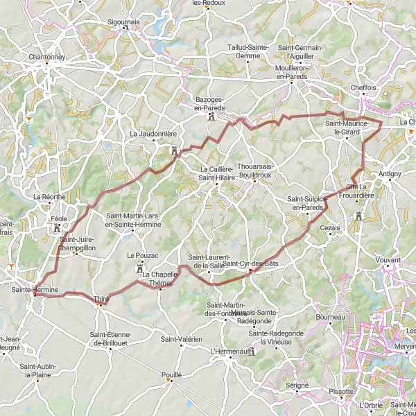 Map miniature of "Gravel Ride through Sainte-Hermine and Surrounding Areas" cycling inspiration in Pays de la Loire, France. Generated by Tarmacs.app cycling route planner