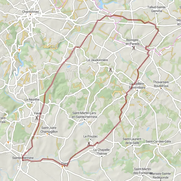 Miniature de la carte de l'inspiration cycliste "Boucle de Sainte-Hermine Gravel" dans la Pays de la Loire, France. Générée par le planificateur d'itinéraire cycliste Tarmacs.app