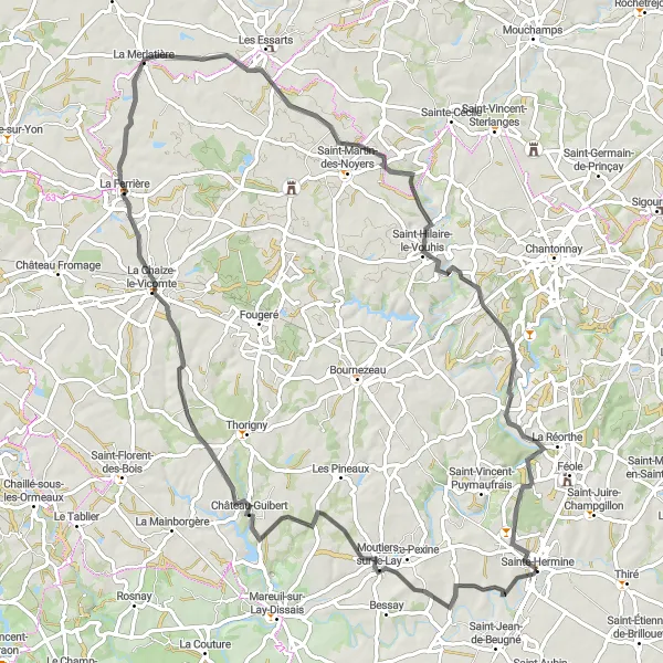 Miniature de la carte de l'inspiration cycliste "Tour du Château de Sainte-Hermine" dans la Pays de la Loire, France. Générée par le planificateur d'itinéraire cycliste Tarmacs.app