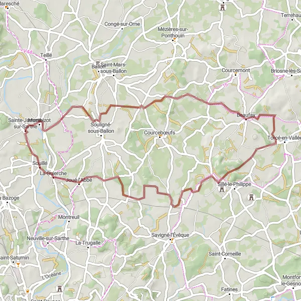 Miniature de la carte de l'inspiration cycliste "Parcours de cyclisme tout-terrain autour de Sainte-Jamme-sur-Sarthe" dans la Pays de la Loire, France. Générée par le planificateur d'itinéraire cycliste Tarmacs.app