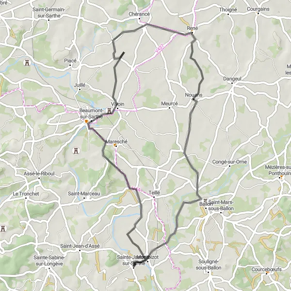 Map miniature of "Exploring Beaumont-sur-Sarthe" cycling inspiration in Pays de la Loire, France. Generated by Tarmacs.app cycling route planner