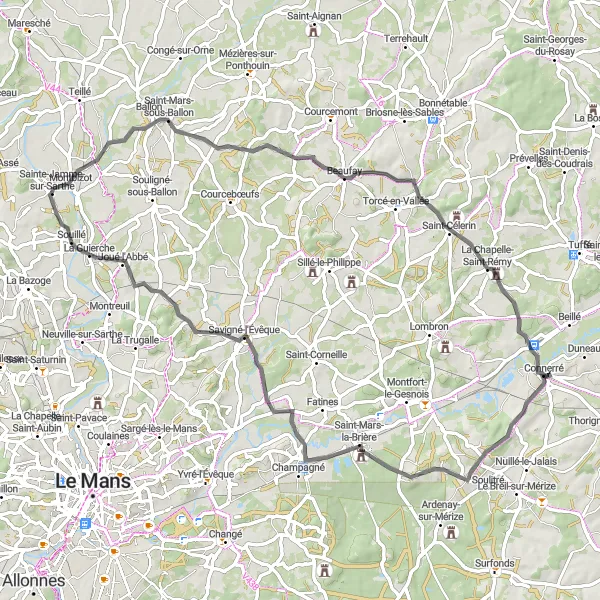 Map miniature of "Scenic Tour of Beaufay and Connerré" cycling inspiration in Pays de la Loire, France. Generated by Tarmacs.app cycling route planner